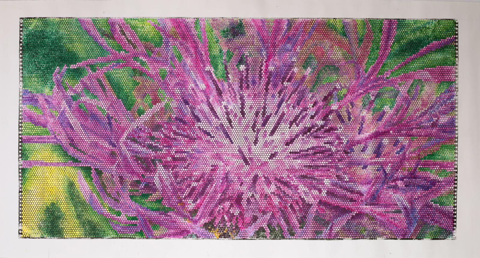 Jeanette Zippel, Flockenblume, 2017, Hochdruck, Kartoffeldruck mit Tusche auf Papier, 110 x 210 cm mit Rahmen, Preis auf Anfrage, SüdWestGalerie