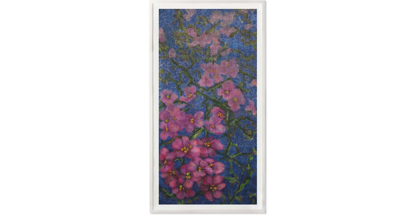 Jeanette Zippel , Japanische Kirschblüte 1 , 2013 , Hochdruck mit Tusche auf Papier , 212 cm x 115 cm mit Rahmen , Preis auf Anfrage, SüdWestGalerie