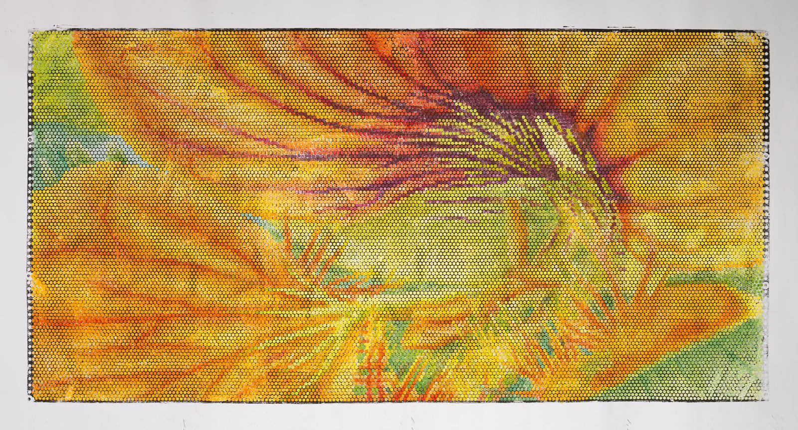 Jeanette Zippel, Kapuzinerkresse-2, 2017, Hochdruck, Kartoffeldruck mit Tusche auf Papier, 110 x 210 cm mit Rahmen, - verkauft!