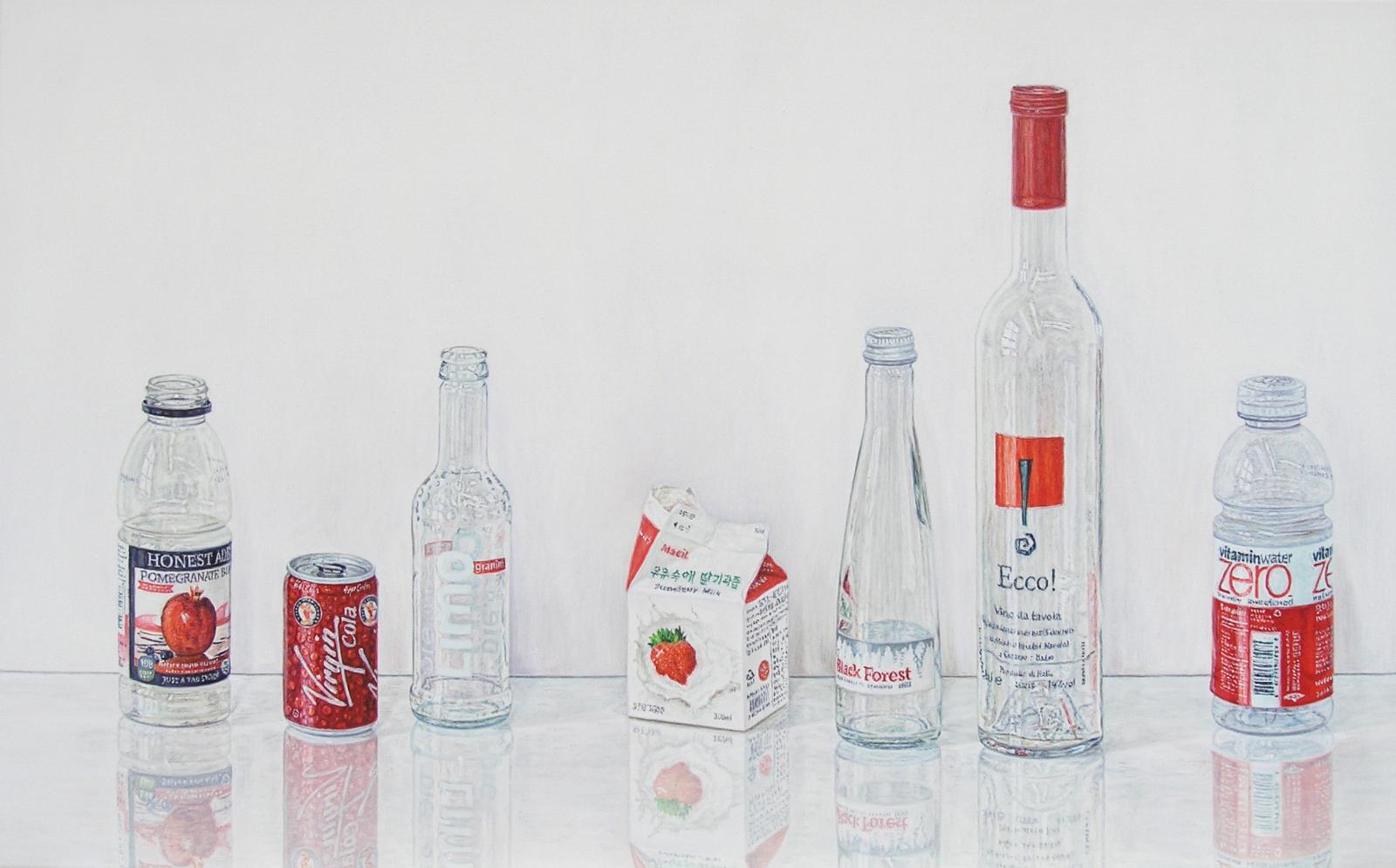 Sabine Christmann, Flaschen mit Erdbeermilch, 2016, Öl auf Leinwand, 50 cm x 80 cm, Preis auf Anfrage, chs039kü