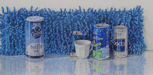 Sabine Christmann, Schillernde Gesellschaft, mit großem, blauem Freund, 2023, Acryl auf Papier, 30 x 60 cm, Preis auf Anfrage, SüdWestGalerie
