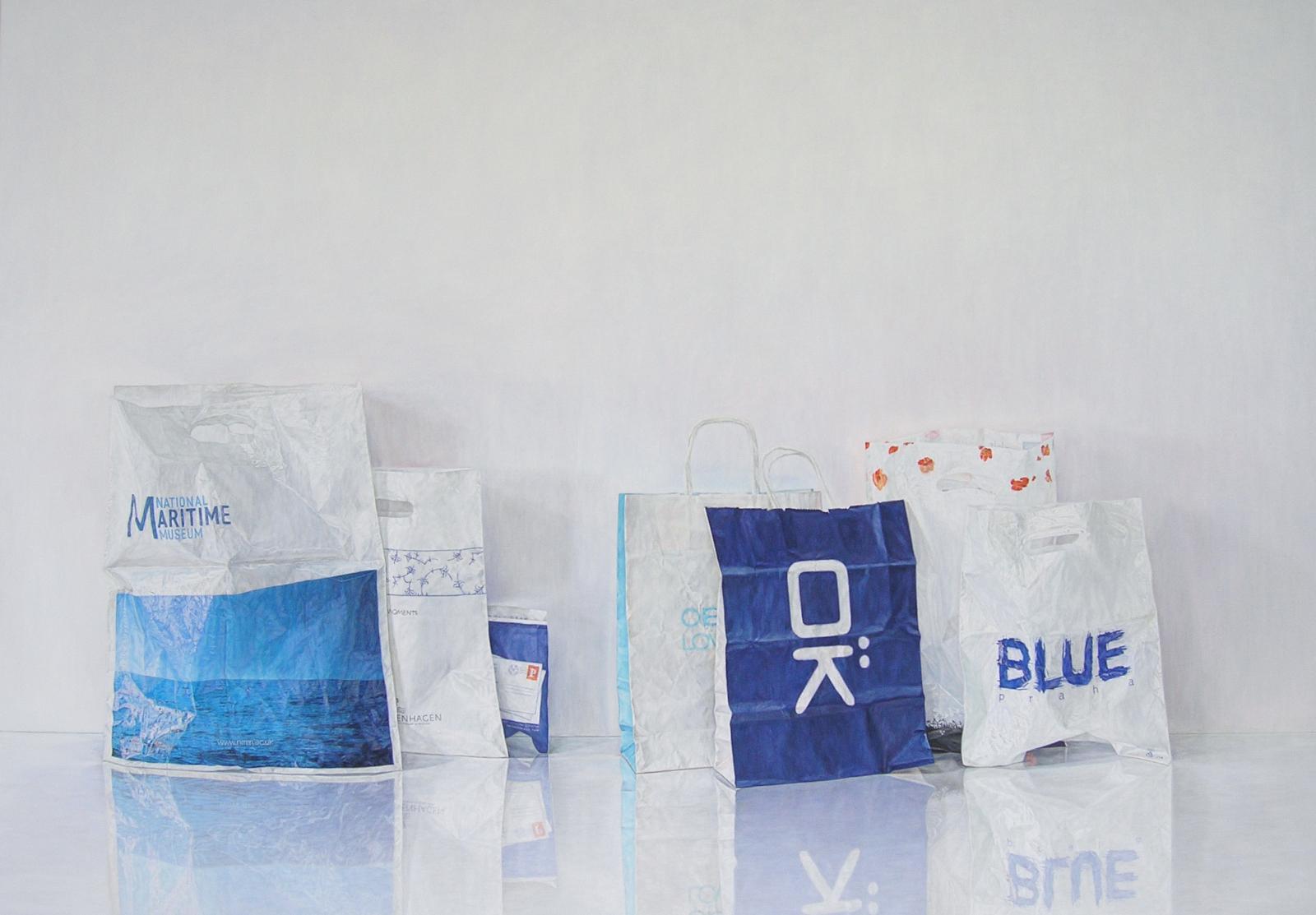 Sabine Christmann, blaue Tüten, 2014, Öl auf Leinwand, 140 cm x 200 cm, Preis auf Anfrage, chs033ko SüdWestGalerie