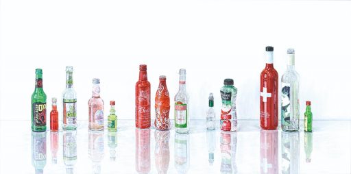 Sabine Christmann, Rotgrüne Flaschen, 2016, Öl auf Leinwand, 70 x 140 cm, Preis auf Anfrage, chs038kü