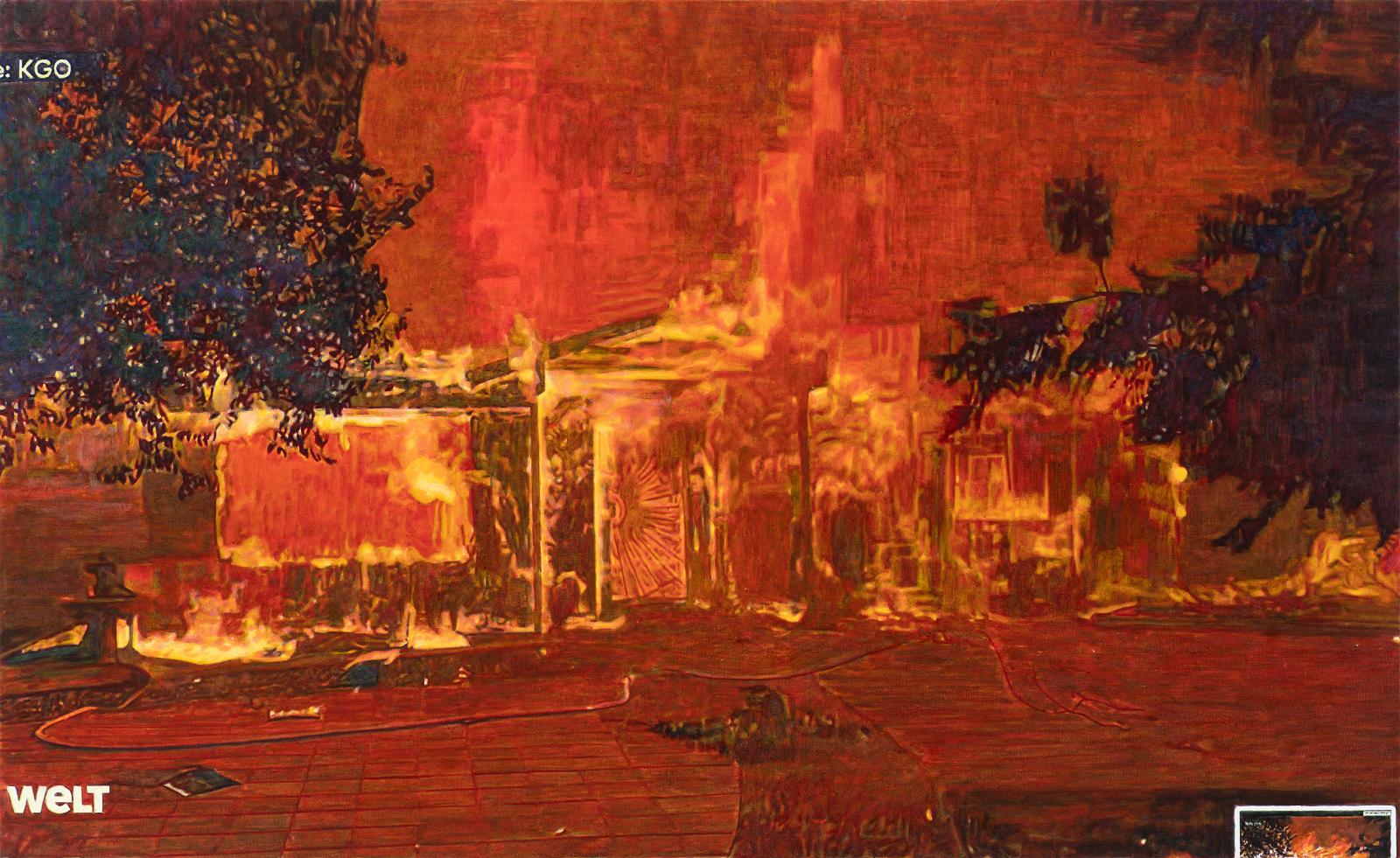 Thomas Schiela, Bungalow burns, 1.2023, Aquarell auf Leinwand, 110 x 180 cm, Preis auf Anfrage