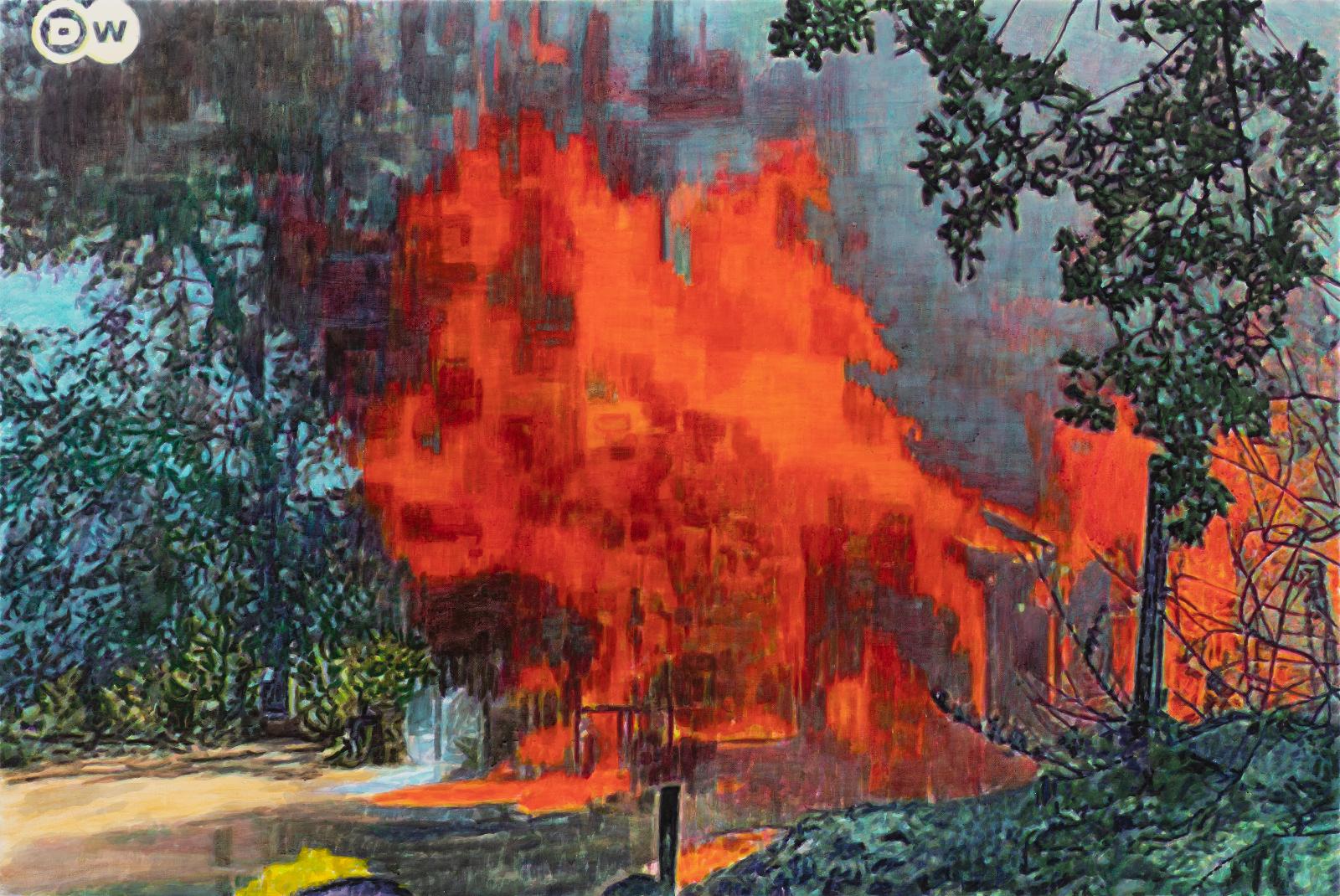 Thomas Schiela, California Burns II, 10.2022, Aquarell auf Leinwand, 100 x 150 cm, Preis auf Anfrage