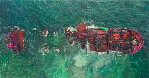 Thomas Schiela, X-Press Pearl auf Grund vor Sri Lanka, 10/2021, Aquarell auf Leinwand, 95 x 180 cm, Preis auf Anfrage, Galerie Cyprian Brenner