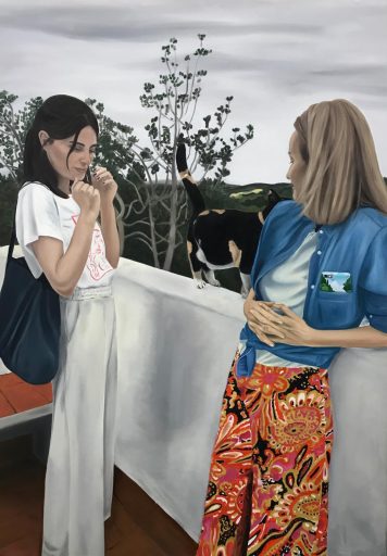 Janka Zöller, Alina and Kata on the terrace, 2019, Öl auf Leinwand, 200 cm x 140 cm