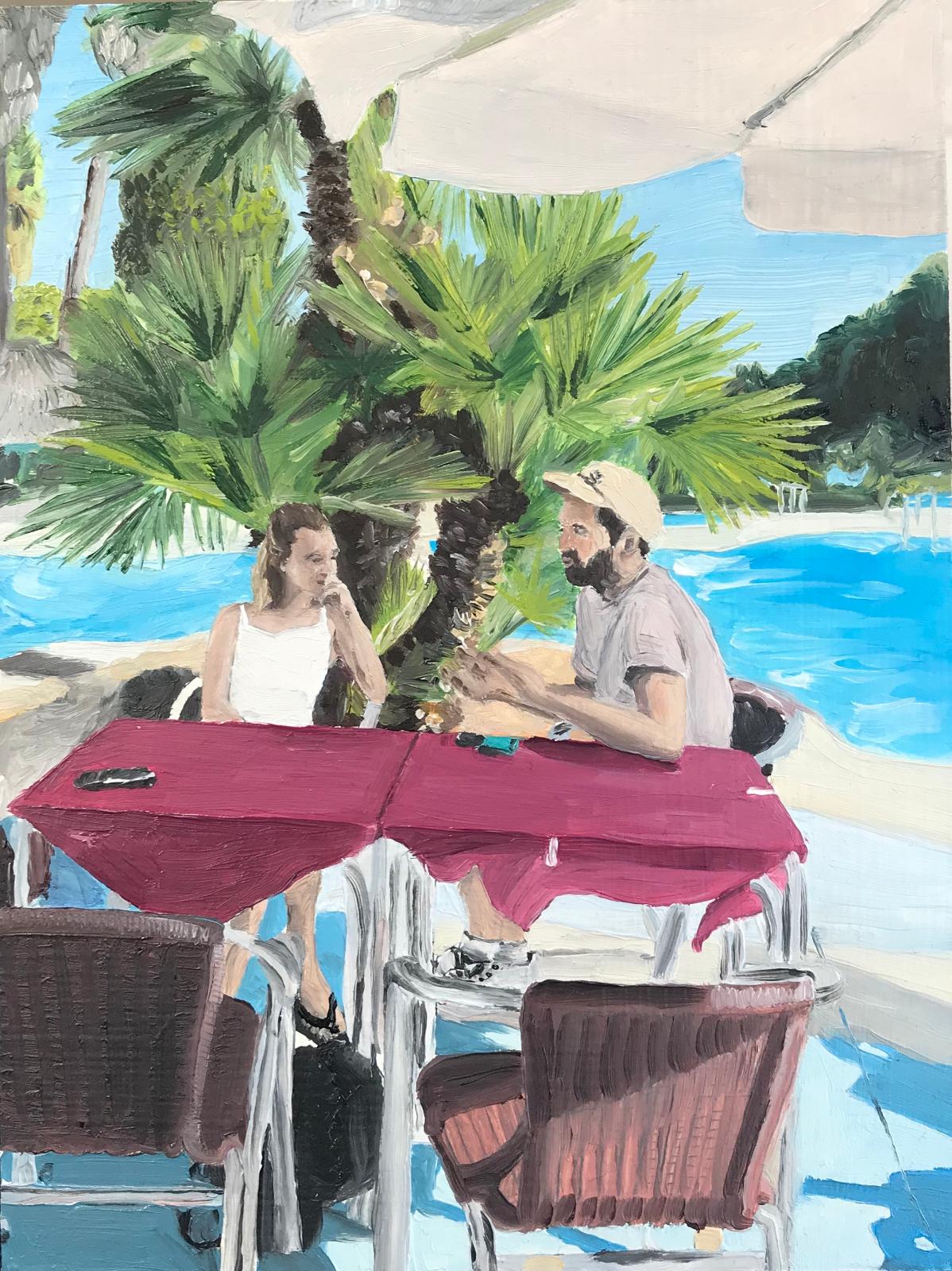 Janka Zöller, Kata and Pablo at the Restaurant (Font Nova),  2019, Öl auf Holz, 20 cm x 15 cm