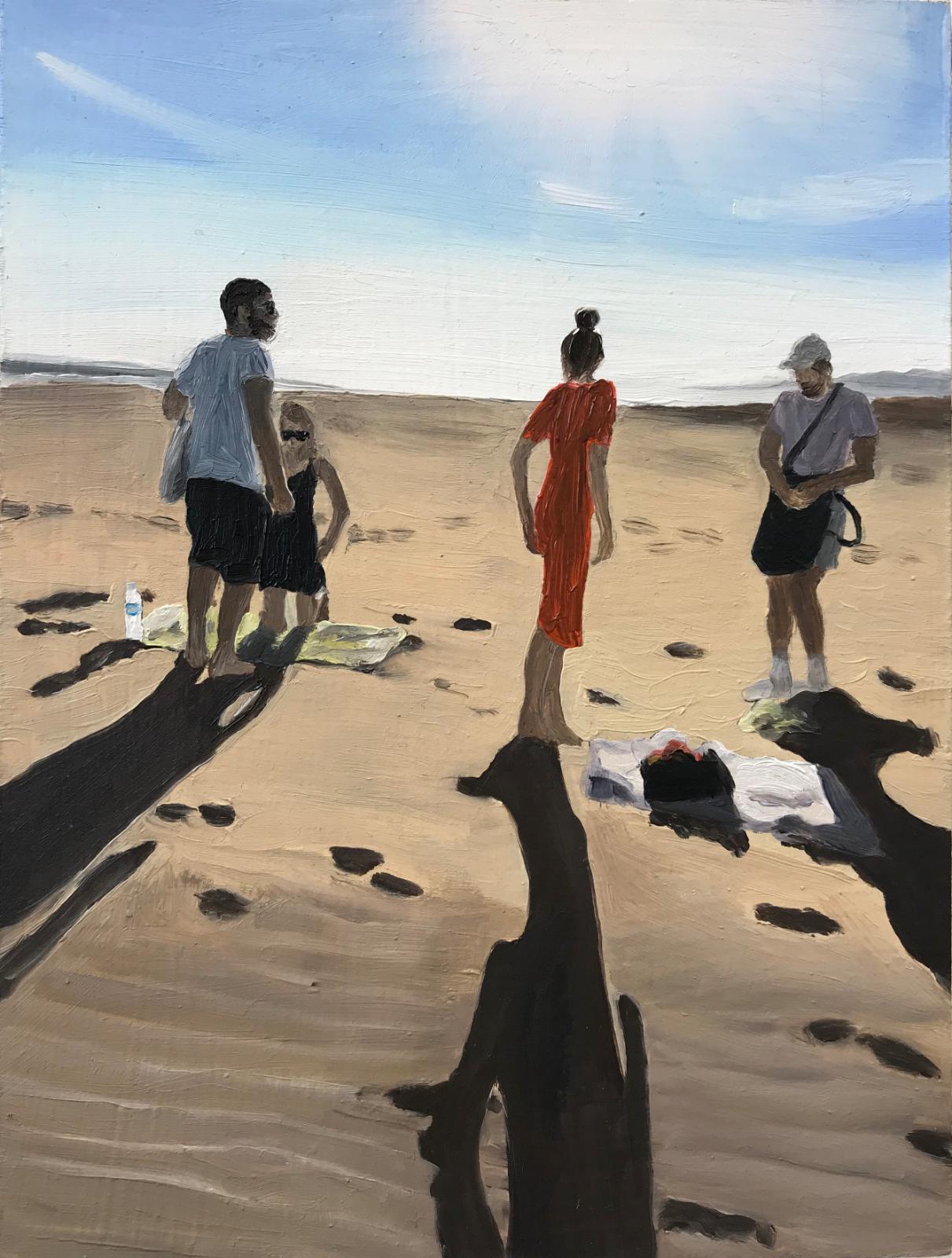 Janka Zöller, Morry, Kata, Alina and Pablo at the Beach (Ebro Delta 1), 2019, Öl auf Holz, 20 cm x 15 cm