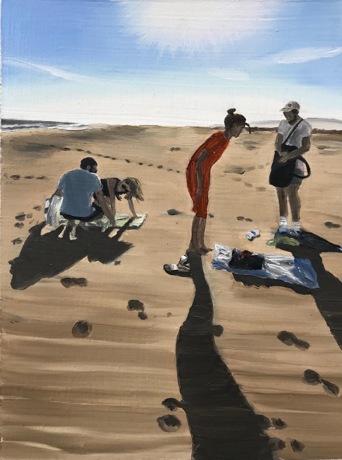 Janka Zöller, Morry, Kata, Alina and Pablo at the Beach (Ebro Delta 2), 2019, Öl auf Holz, 20 cm x 15 cm