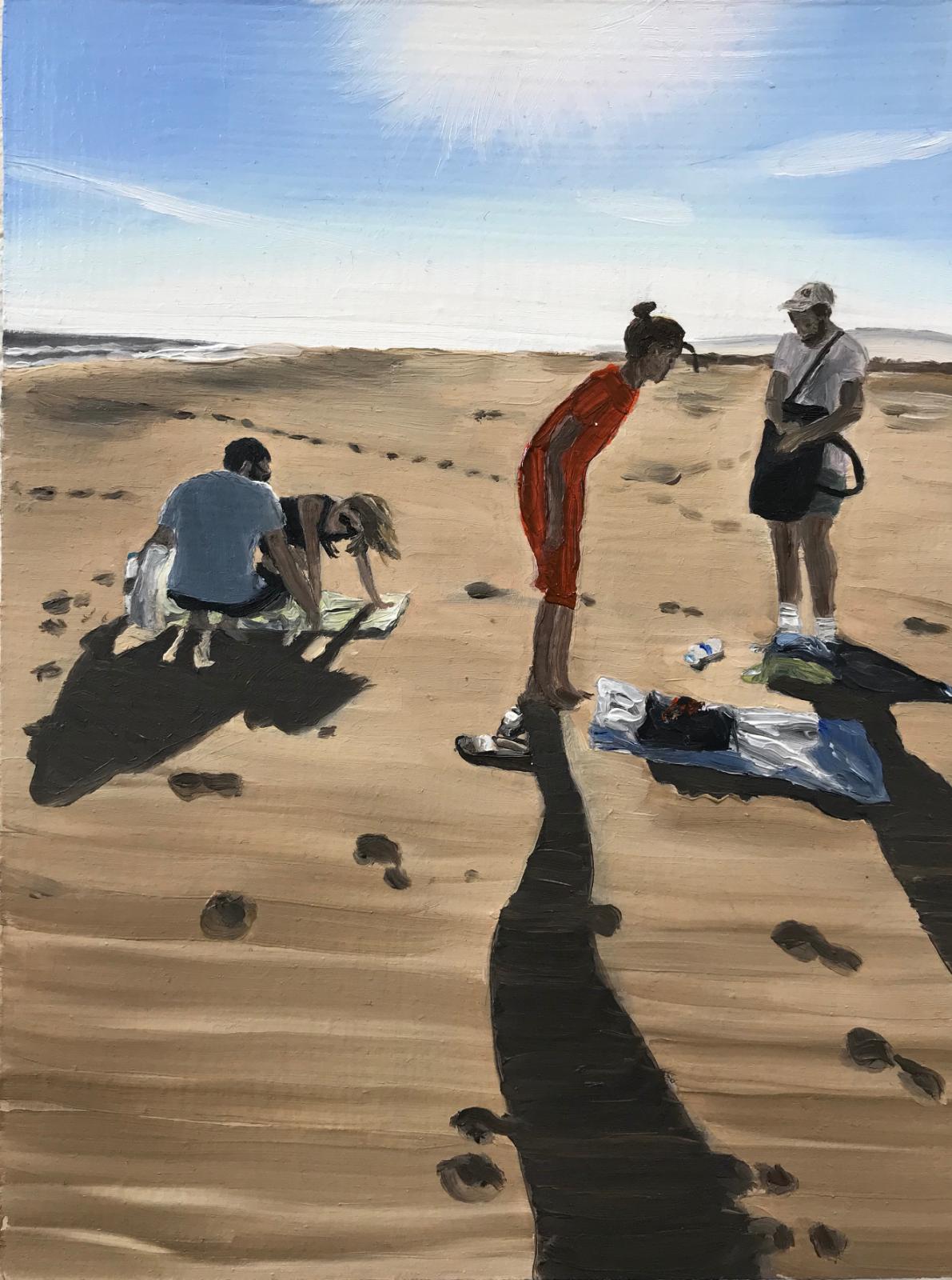 Janka Zöller, Morry, Kata, Alina and Pablo at the Beach (Ebro Delta 2), 2019, Öl auf Holz, 20 cm x 15 cm
