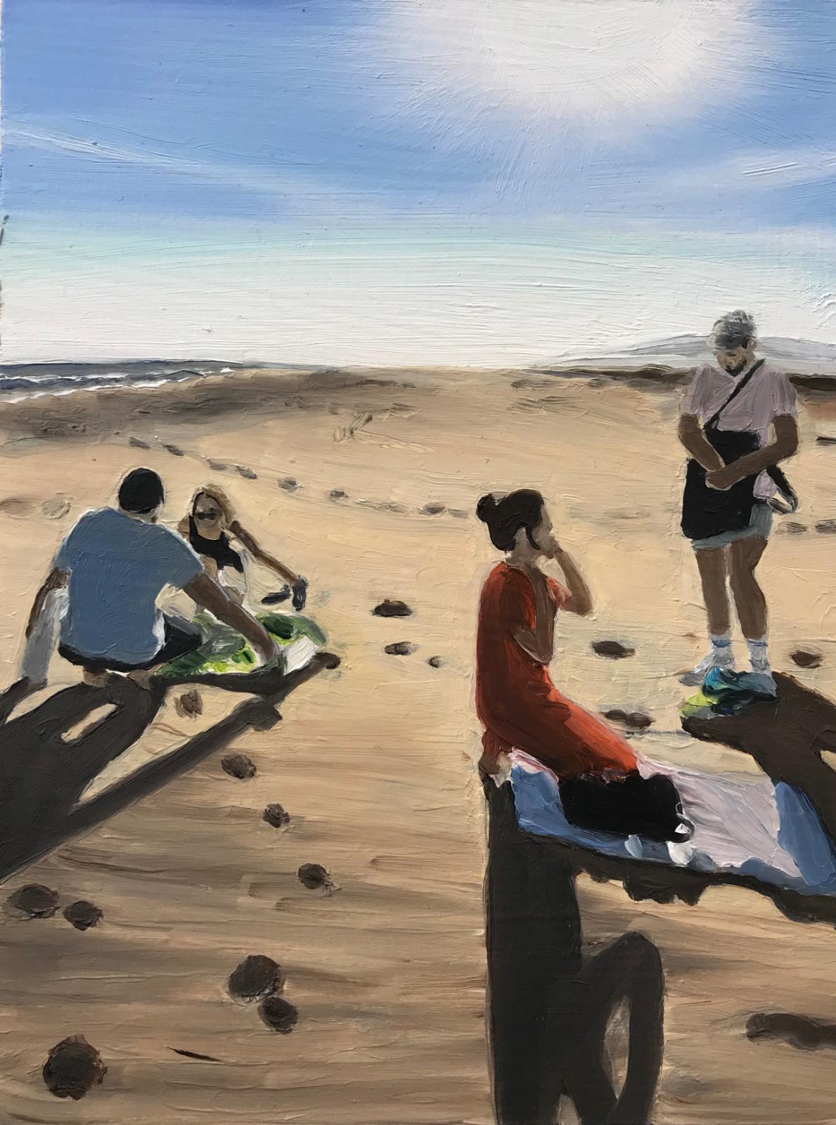 Janka Zöller, Morry, Kata, Alina and Pablo at the Beach (Ebro Delta) 3, 2019 , Öl auf Holz,, 20 cm x 15 cm