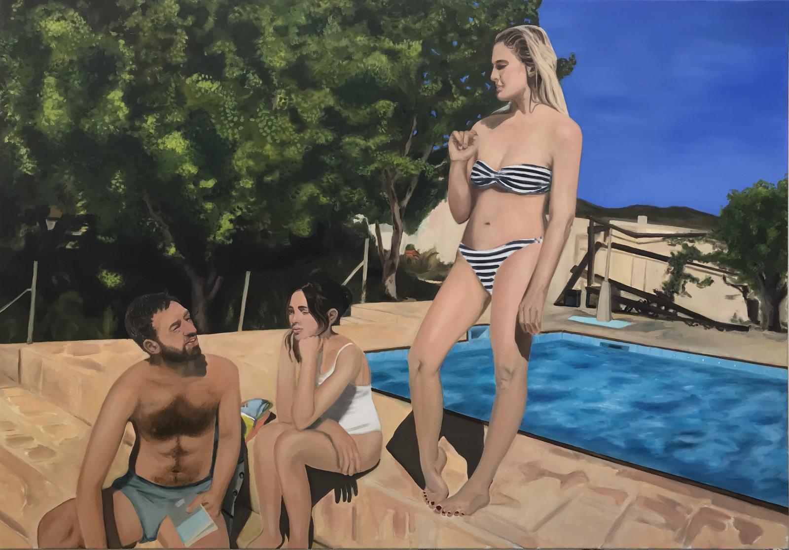 Janka Zöller, Pablo, Alina and I at the pool, 2018, Öl auf Leinwand, 140 cm x 200 cm