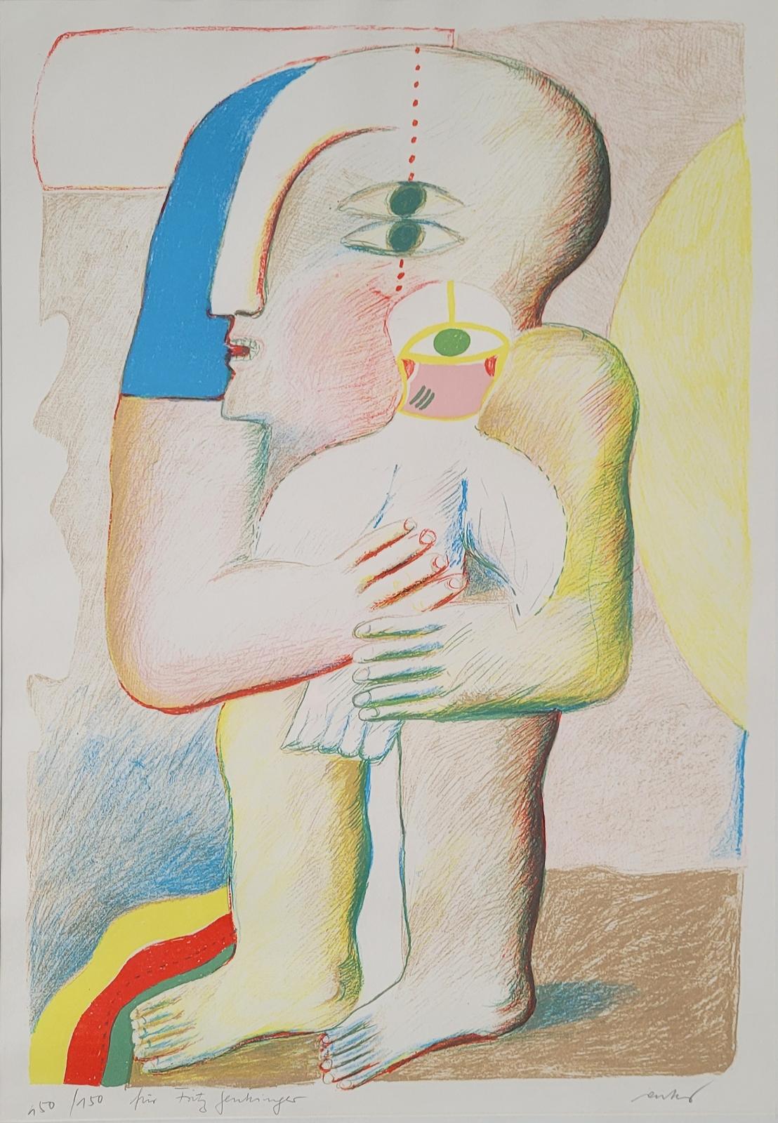 Horst Antes, Mutter mit Kind, Farblithographie auf Bütten, signiert, Exemplar 150/150, bezeichnet für Fritz Genkinger, 70 cm x 48 cm, verkauft!