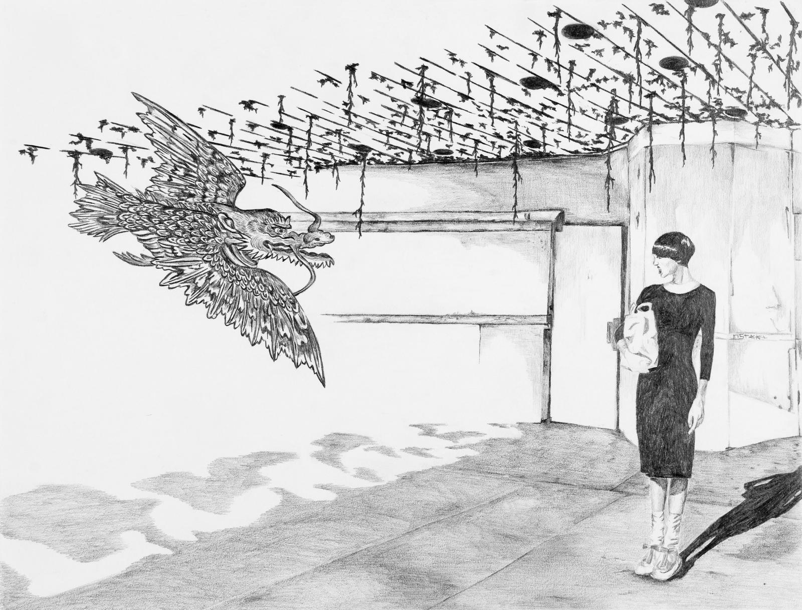 Uta Siebert, Serie Fledertiere (Glücksdrache), 2015, Grafit auf Papier, 30 cm x 42 cm, Preis auf Anfrage, siu024kü