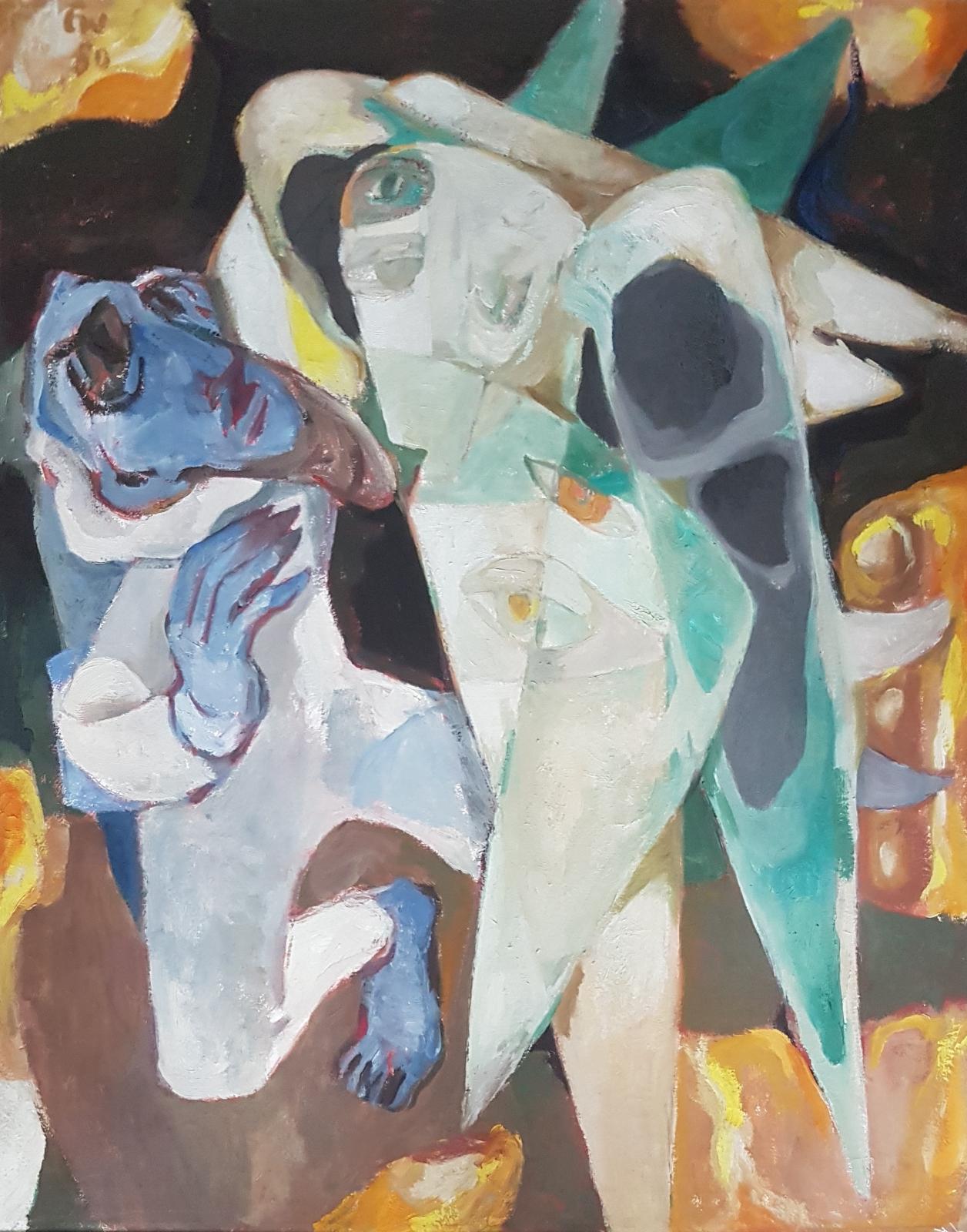 Ernst Wanner, Jakob ringt mit dem Engel , 1980, Öl auf Leinwand, 80 cm x 100 cm, VERKAUFT!