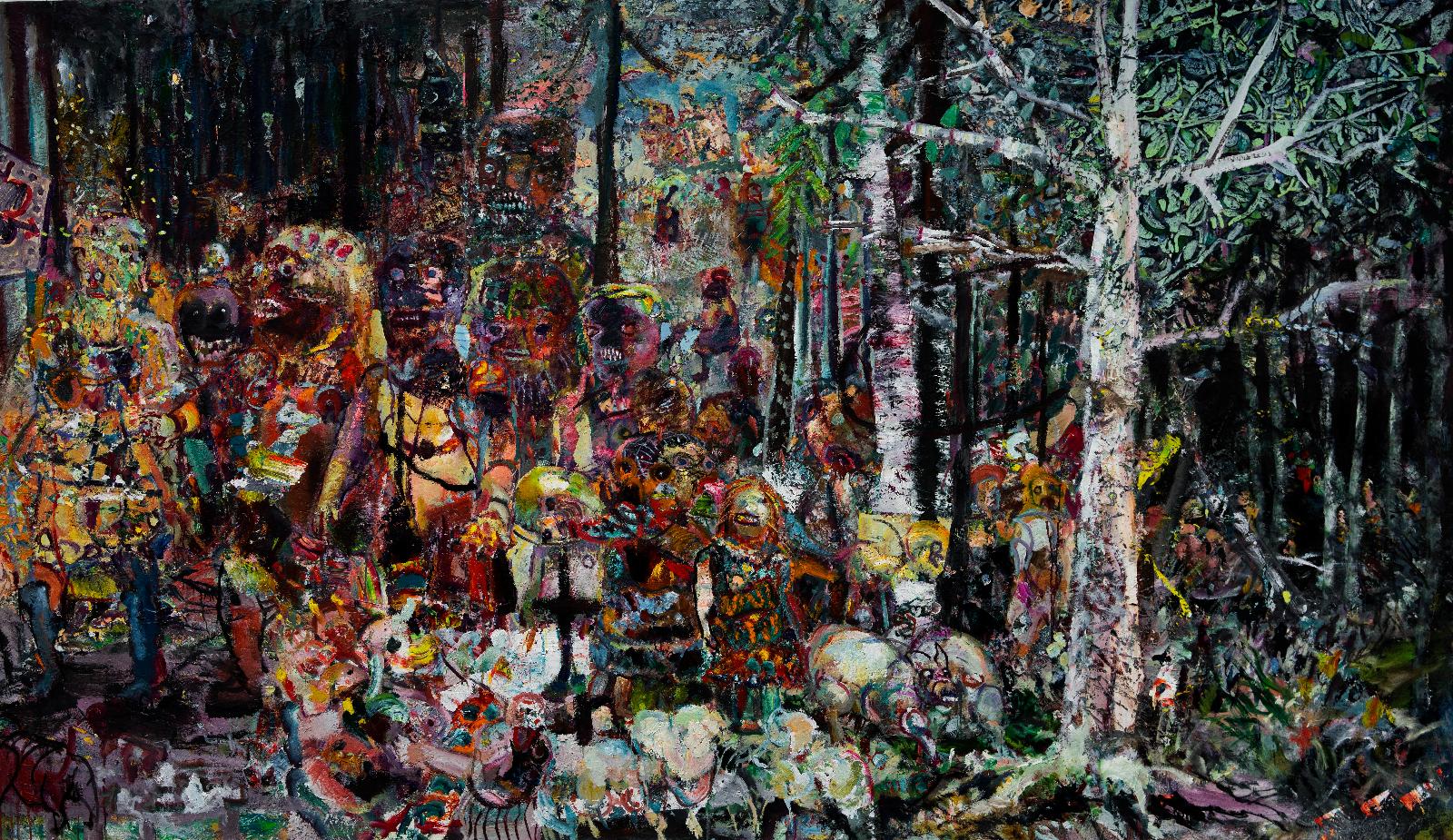 Werner Liebmann, Waldfest, 2020, Öl auf Leinwand, 170 cm x 300 cm, Preis auf Anfrage