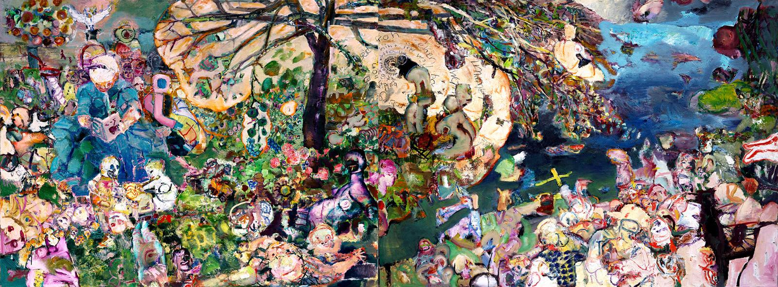 Werner Liebmann, Paradiesgärtlein (Diptychon), 2023, Öl auf Leinwand, je 200 cm x 270 cm, Preis auf Anfrage, Galerie Cyprian Brenner