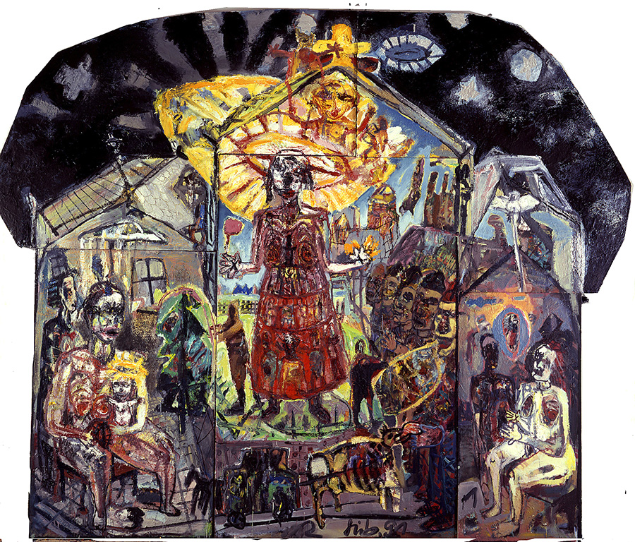 Werner Liebmann , das haus , 1992 , 5-teilig , Öl auf Hanf , 375 cm x 325 cm , nicht mehr verfügbar!, Galerie Cyprian Brenner