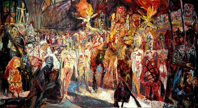 Werner Liebmann prozession , 1989 , Öl auf Hanf , 161 cm x 301 cm, verkauft!, Galerie Cyprian Brenner