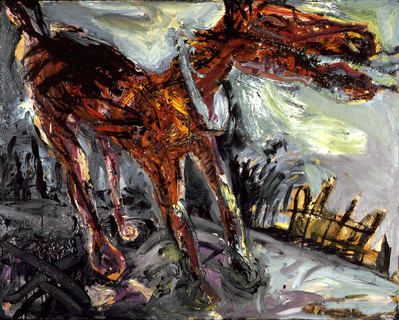 Werner Liebmann , rotes pferd , 1985 , Öl auf Hanf , 125 cm x 150 cm , übermalt!, Galerie Cyprian Brenner