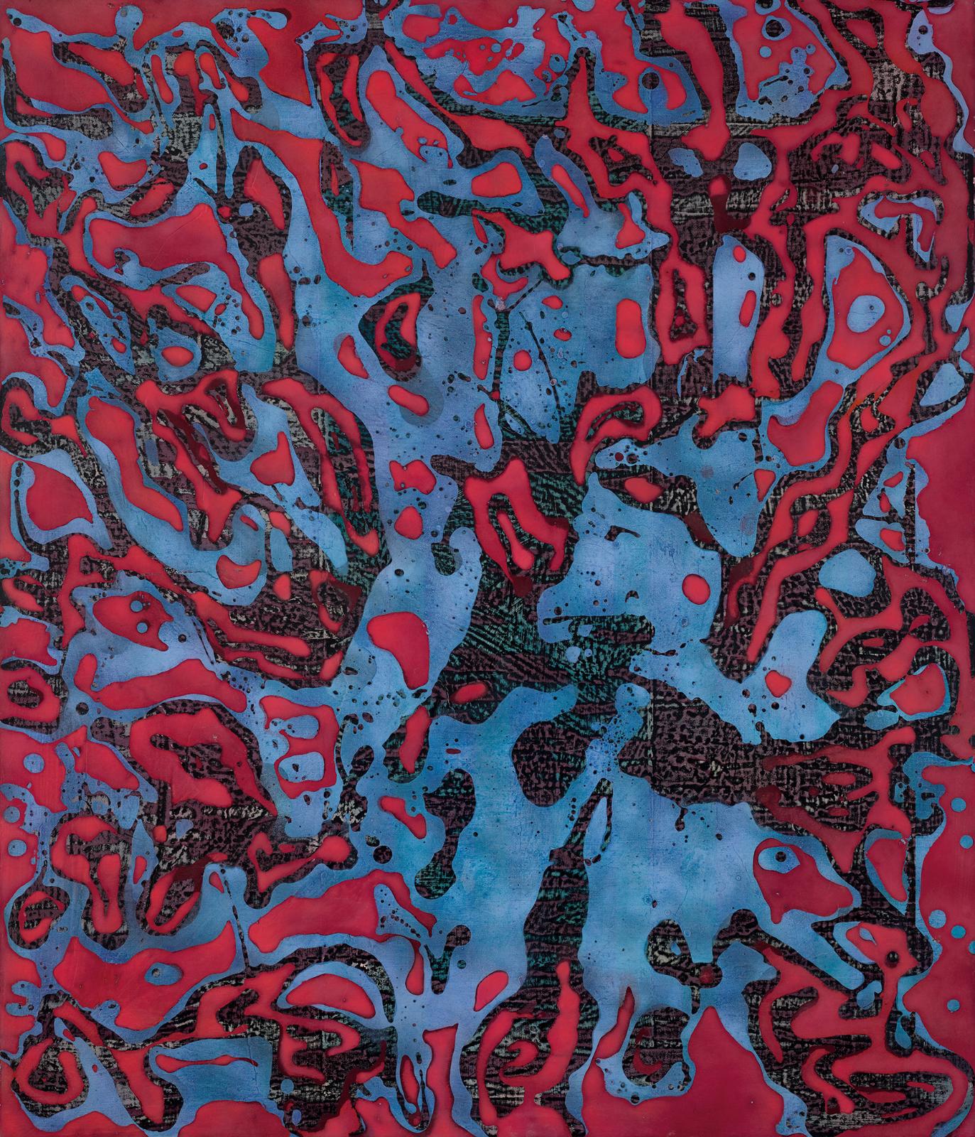 Philipp Zörndlein, Teilung, 2019, Öl, Lack, Tusche, Acryl und Papier auf Holz, 105 cm x 90 cm, Preis auf Anfrage, Galerie Cyprian Brenner