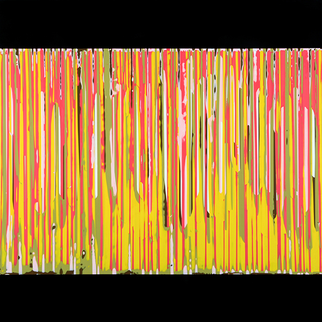 Stefan Schiek Warpainting (pinkgelb) , 2013, Glanzlack auf Aluminium , 100 cm x 100 cm, Preis auf Anfrage, Galerie Cyprian Brenner