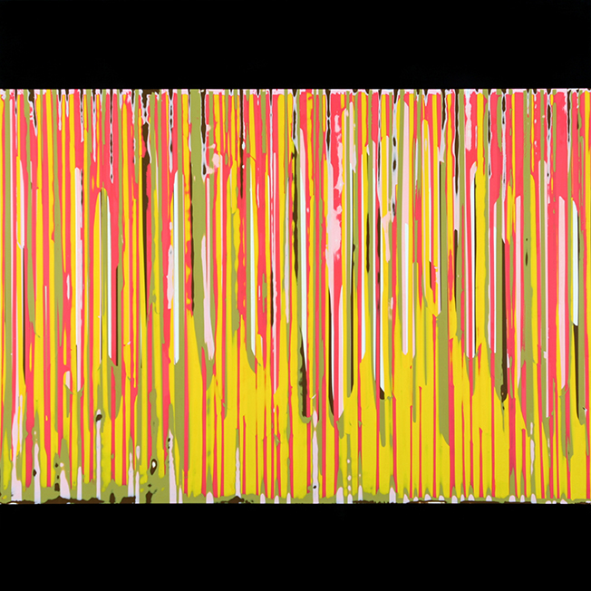 Stefan Schiek Warpainting (pinkgelb) , 2013, Glanzlack auf Aluminium , 100 cm x 100 cm, Preis auf Anfrage, Galerie Cyprian Brenner