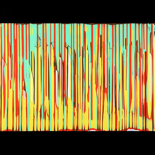 Stefan Schiek Warpainting (rotgelb) , 2013, Glanzlack auf Aluminium , 100 cm x 100 cm, Preis auf Anfrage, Galerie Cyprian Brenner