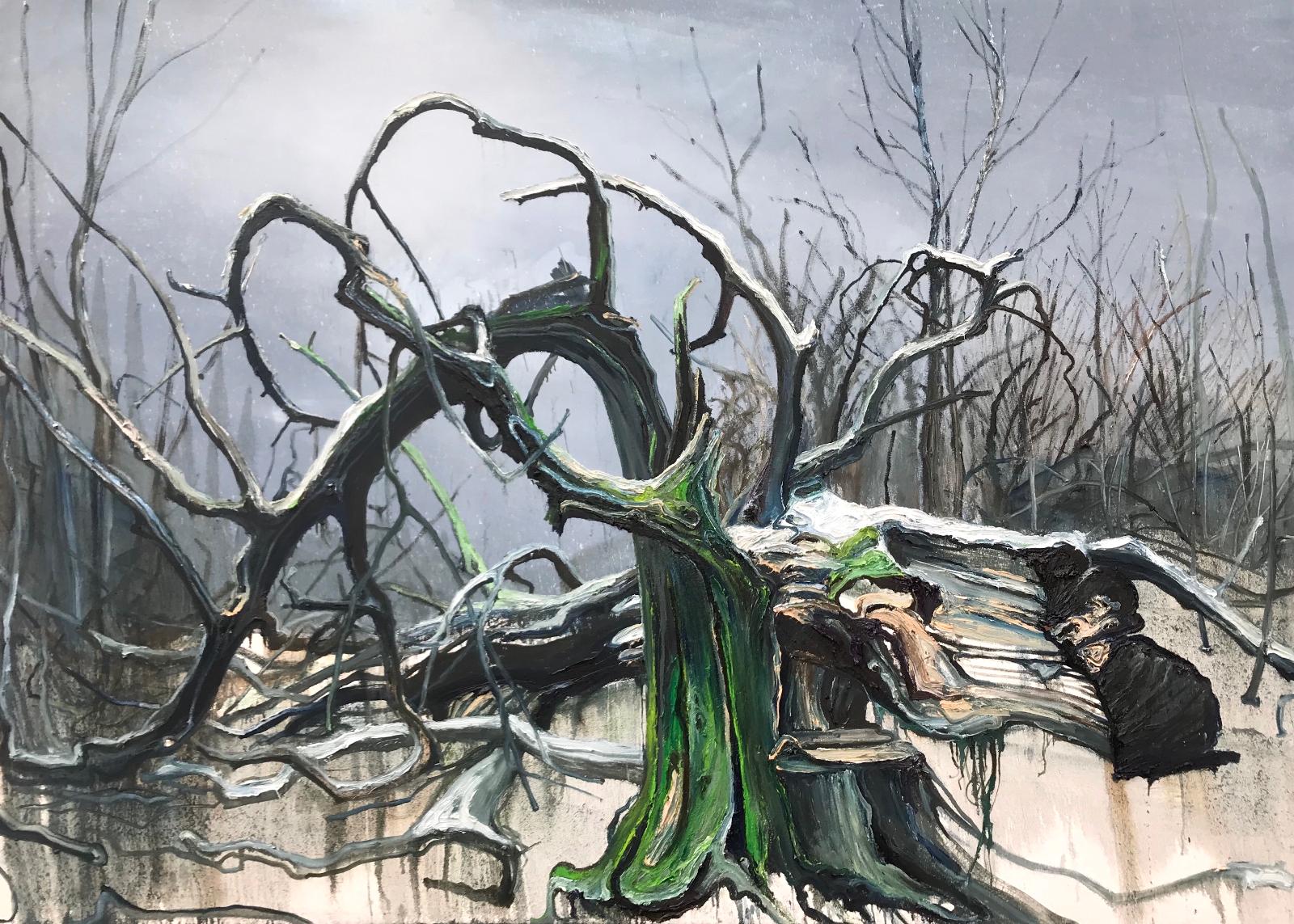 Helge Hommes, Nr. 2 Baumportrait RHW Die grosse Landung, 2019, Öl auf Leinwand, 180 cm x 250 cm, Preis auf Anfrage, Galerie Cyprian Brenner