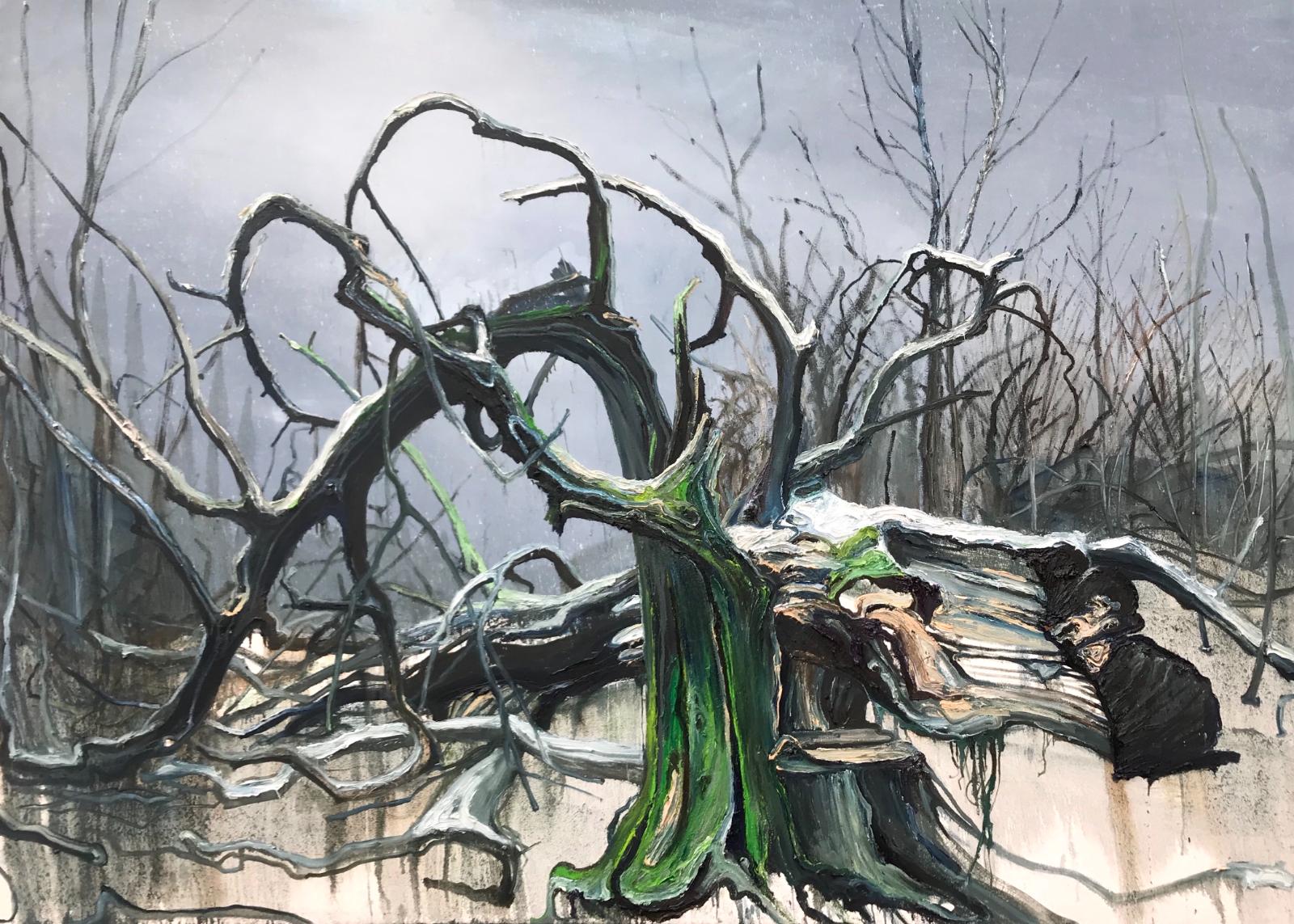 Helge Hommes, Nr. 2 Baumportrait, RHW ..., Die grosse Landung, 2019, Öl auf Leinwand, 180 cm x 250 cm, Preis auf Anfrage, Galerie Cyprian Brenner