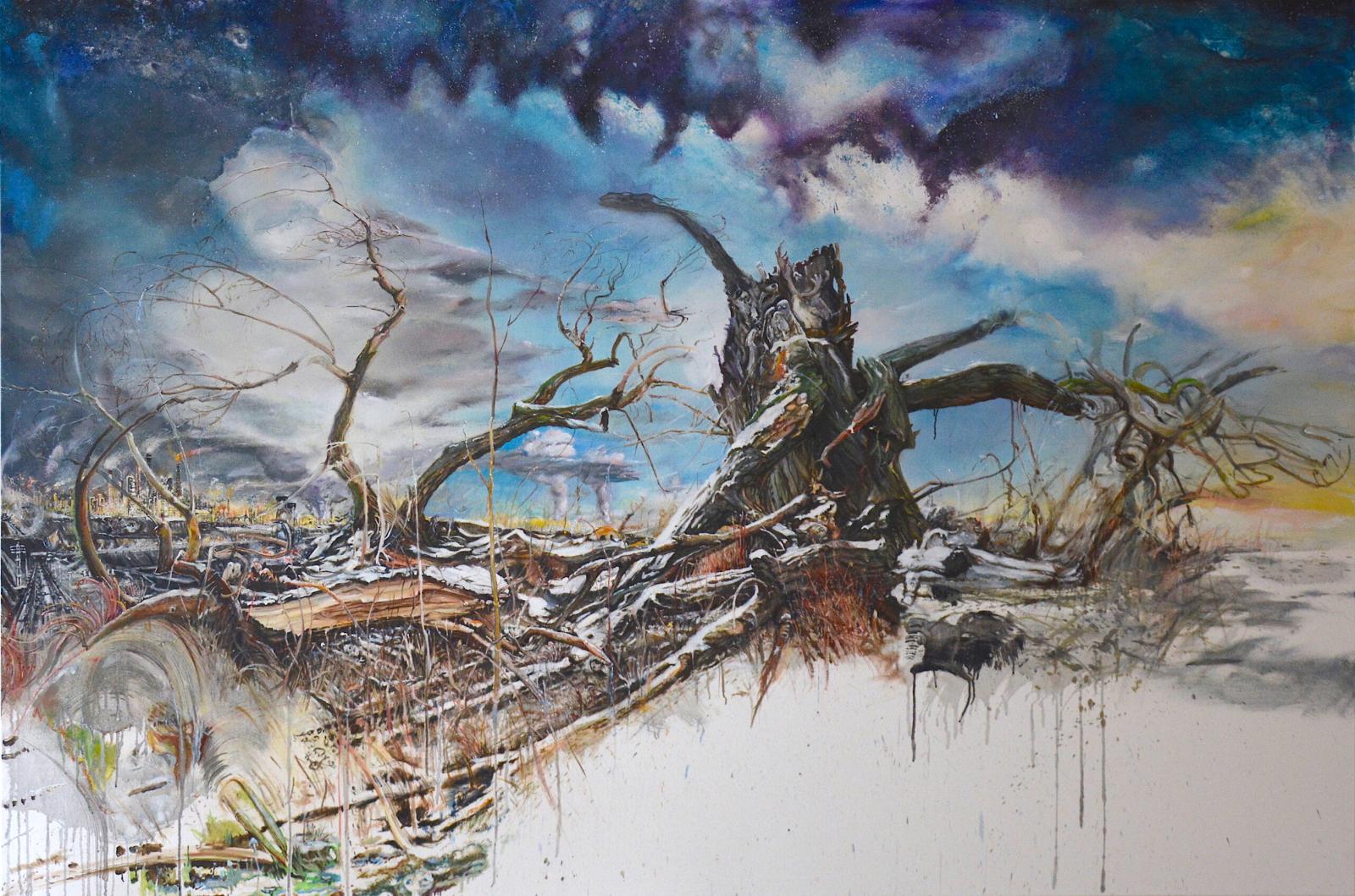 Saxana Schötschel, Wenn die Rentiere sterben sterben auch wir, Spruch der Sami, 2024, Öl auf Leinwand, 180 cm x 270 cm, Preis auf Anfrage, Galerie Cyprian Brenner