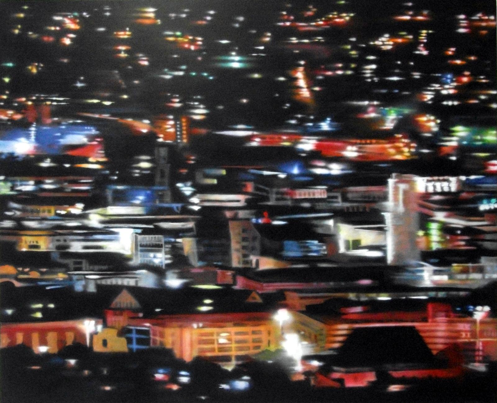 Werner Fohrer, Nachtbild II(Blick auf Stuttgart vom Weißenburgpark), 2011, Acryl/Airbrush auf Leinwand, 120 cm x 150 cm, Preis auf Anfrage, SüdWestGalerie