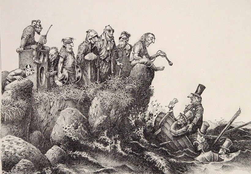 Max Peter Haering, Küste der Blinden, 1987, Tuschzeichnung, 26 cm x 33 cm, ham010, Preis auf Anfrage, SüdWestGalerie