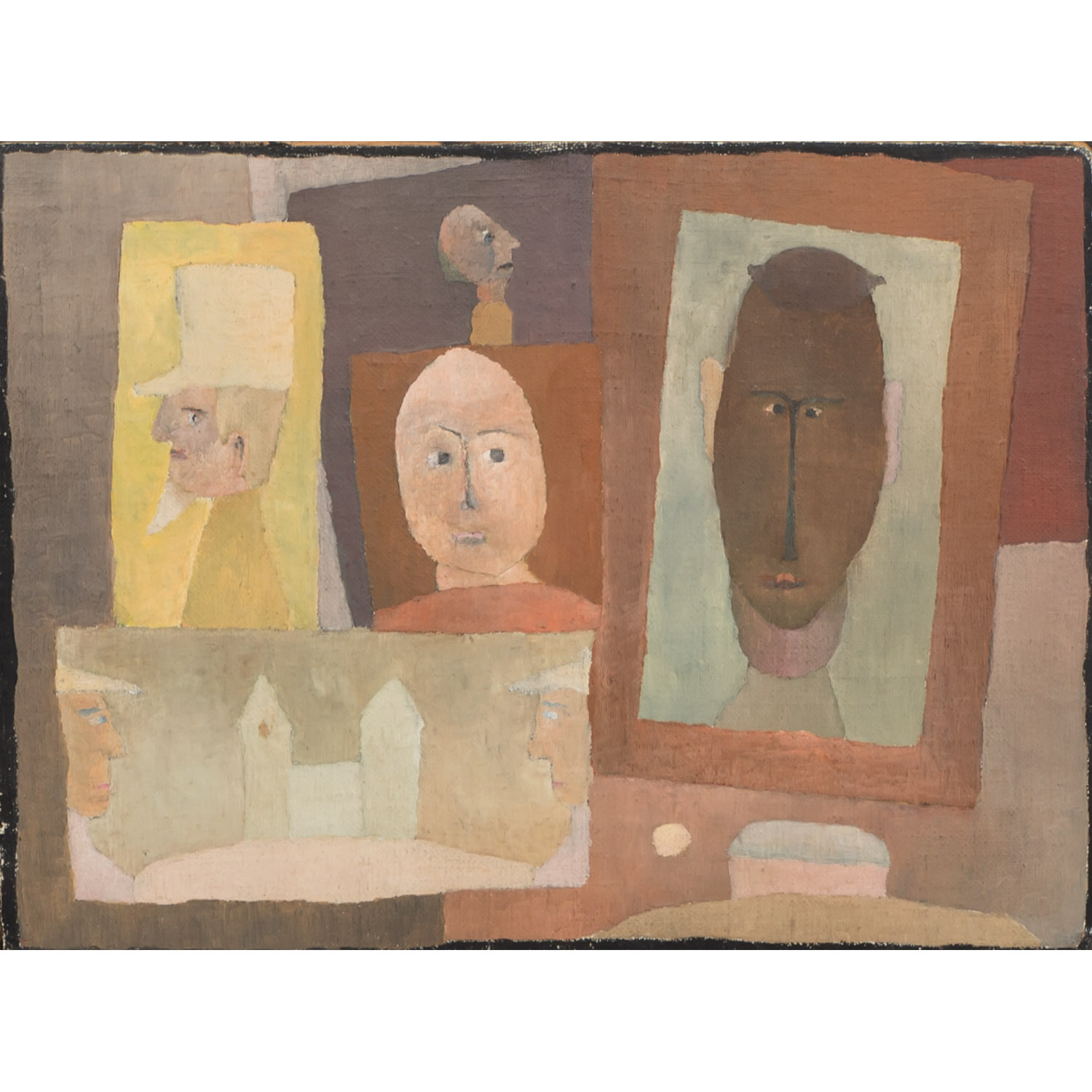 Julius Kaesdorf, Figuren mit Kirche, 1957-67 3, Werkverzeichnis I 996, Öl auf Leinwand auf Platte, 18,5 cm x 25 cm, mit Rahmen 30 cm x 36 cm, Sammlung Fritz Genkinger, SüdWestGalerie, Preis auf Anfrage