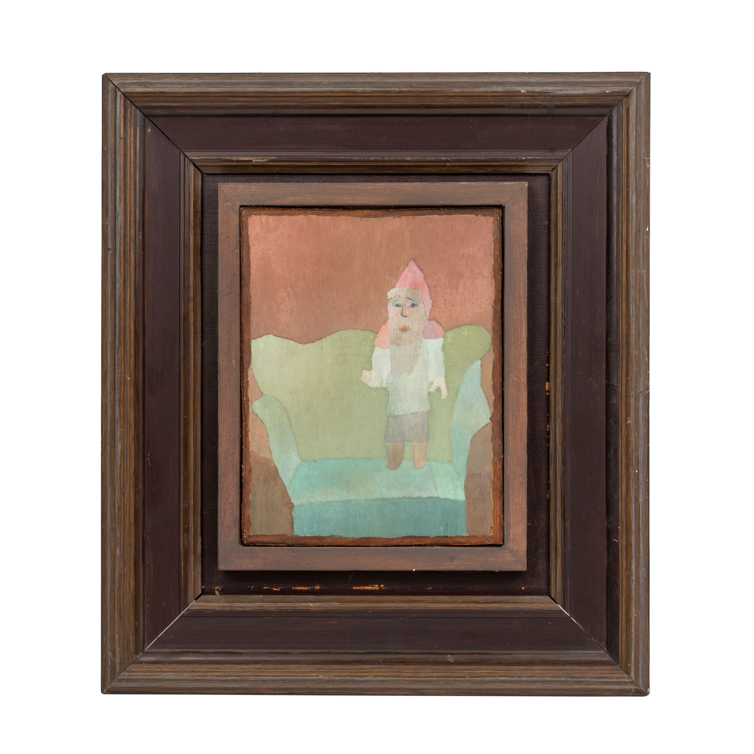 Julius Kaesdorf, Kleine Figur im Sessel, 1957-67 2, Werkverzeichnis I 995, Öl auf Leinwand auf Platte, 18,2 cm x 14 cm, Größe mit Rahmen 33 cm x 30 cm, Sammlung Fritz Genkinger, SüdWestGalerie, Preis auf Anfrage