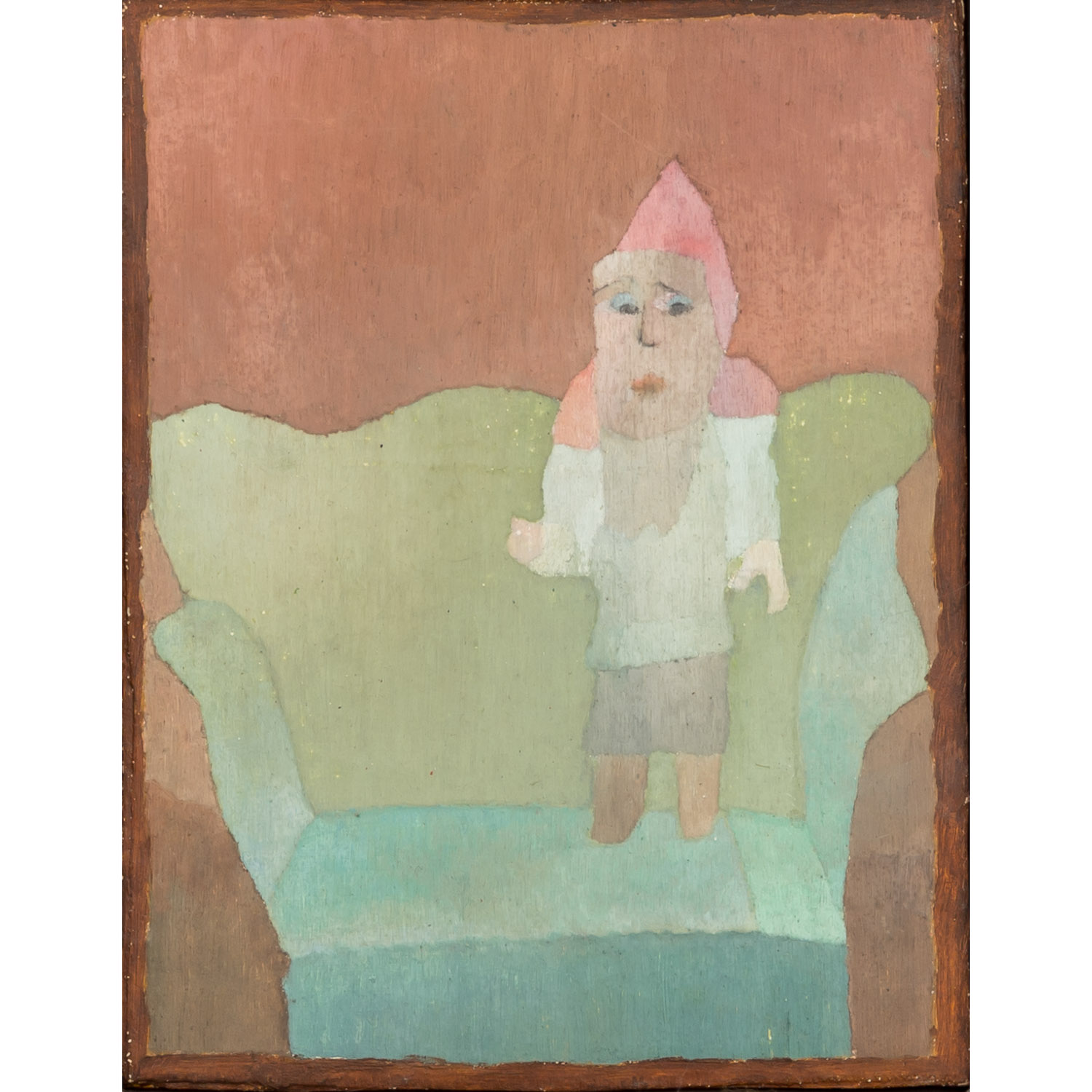 Julius Kaesdorf, Kleine Figur im Sessel, 1957-67 2, Werkverzeichnis I995, Öl auf Leinwand auf Platte, 18,2 cm x 14 cm, mit Rahmen 33 cm x 30 cm, Sammlung Fritz Genkinger, SüdWestGalerie, Preis auf Anfrage