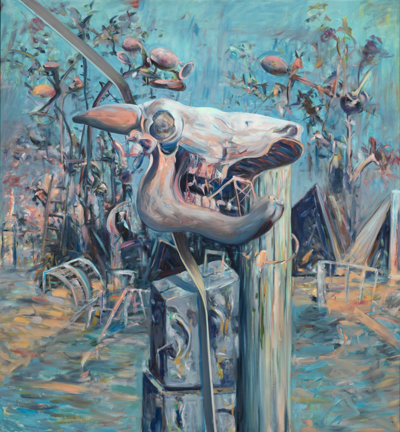 Max Kaminski, Schädel (Eisenband, Garten), 1977, Öl auf Leinwand, 160 cm x 150 cm, Preis auf Anfrage, Galerie Cyprian Brenner