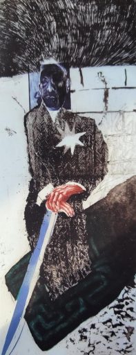 Eckard Froeschlin, Porträt Jorge Luis Borges, 2000, Farbradierung, 200 cm x 80 cm, Preis auf Anfrage, SüdWestGalerie