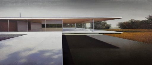 Jens Hausmann, modern house Nr. 40 - Dämmerung, Architekturmalerei, 2023, Öl auf Leinwand, 80 cm x 180 cm, Preis auf Anfrage, Galerie Cyprian Brenner