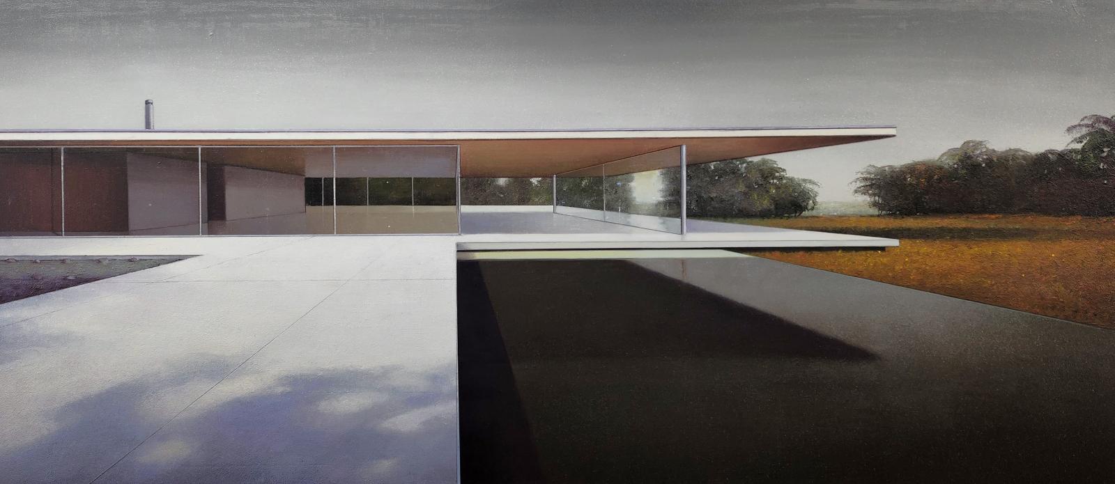 Jens Hausmann, modern house Nr. 40 - Dämmerung, Architekturmalerei, 2023, Öl auf Leinwand, 80 cm x 180 cm, Preis auf Anfrage, Galerie Cyprian Brenner