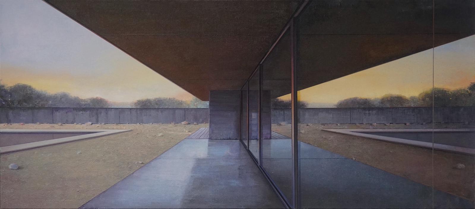 Jens Hausmann, modern house Nr. 41 / Morgengrauen, 2023, Öl auf Leinwand, 80 cm x 180 cm, Preis auf Anfrage, Galerie Cyprian Brenner 
