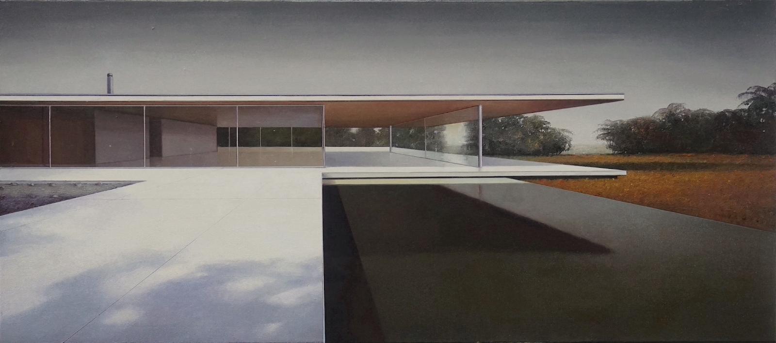 Jens Hausmann, modern house Nr. 40 - Dämmerung, 2023, Öl auf Leinwand, 80 cm x 180 cm, Preis auf Anfrage, Galerie Cyprian Brenner