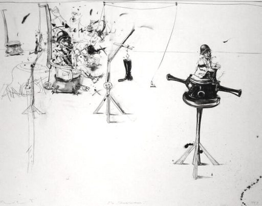 Uwe Ernst, Die Stiefelwichser, 1993, Schwarze Kreide auf Papier, 81 cm x 104 cm, Preis auf Anfrage, SüdWestGalerie