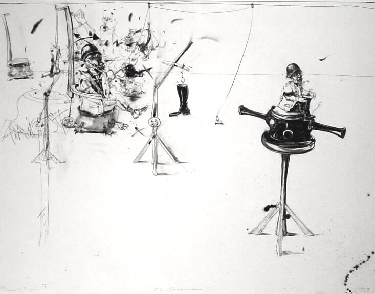 Uwe Ernst, Die Stiefelwichser, 1993, Schwarze Kreide auf Papier, 81 cm x 104 cm, Preis auf Anfrage, SüdWestGalerie