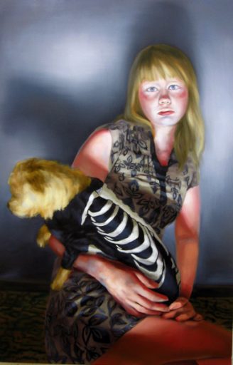 Simone Haack, Mädchen mit Hund, 2011/2022, Öl auf Nessel, 140 x 90 cm, derzeit nicht verfügbar, Galerie Cyprian Brenner