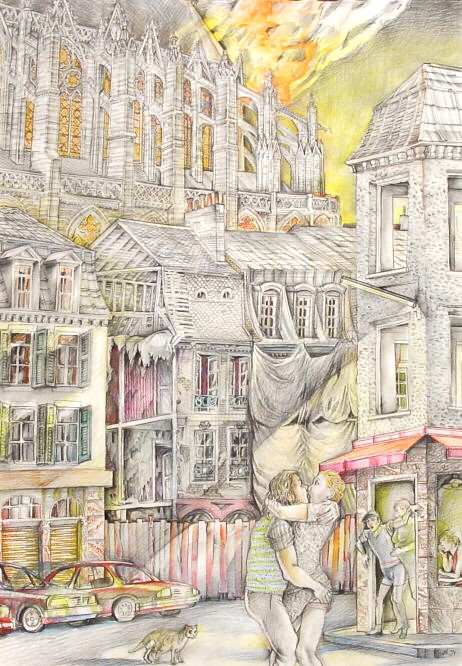 Helmut Goettl, Brennende Kathedrale, 1994, Zeichnung, 99 cm x 69 cm, Preis auf Anfrage, SüdWestGalerie