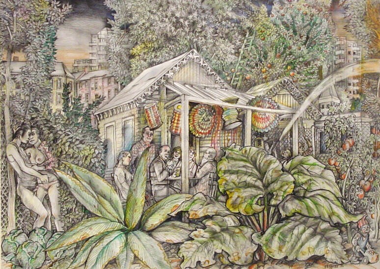 Helmut Goettl, Gartenfest, 1996, Zeichnung, 62 cm x 86 cm, goh003re, Preis auf Anfrage, SüdWestGalerie