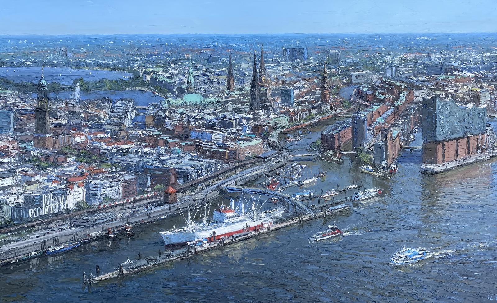 Peter Witt, Luftansicht Hamburg, 2024, Öl auf Leinwand, 80 cm x 130 cm, Preis auf Anfrage, Galerie Cyprian Brenner