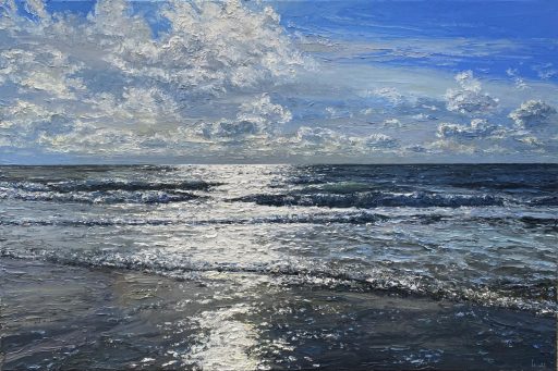 Peter Witt, Brandung im Gegenlicht mit Wolken und braunem Sand, 2025, Öl auf Leinwand, 80 cm x 120 cm, Preis auf Anfrage, Galerie Cyprian Brenner